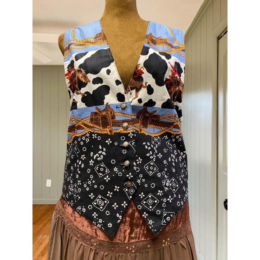 Vintage Western Festival Rave Cottage Cowgirl Cowboy 100% Cotton Horse Vest